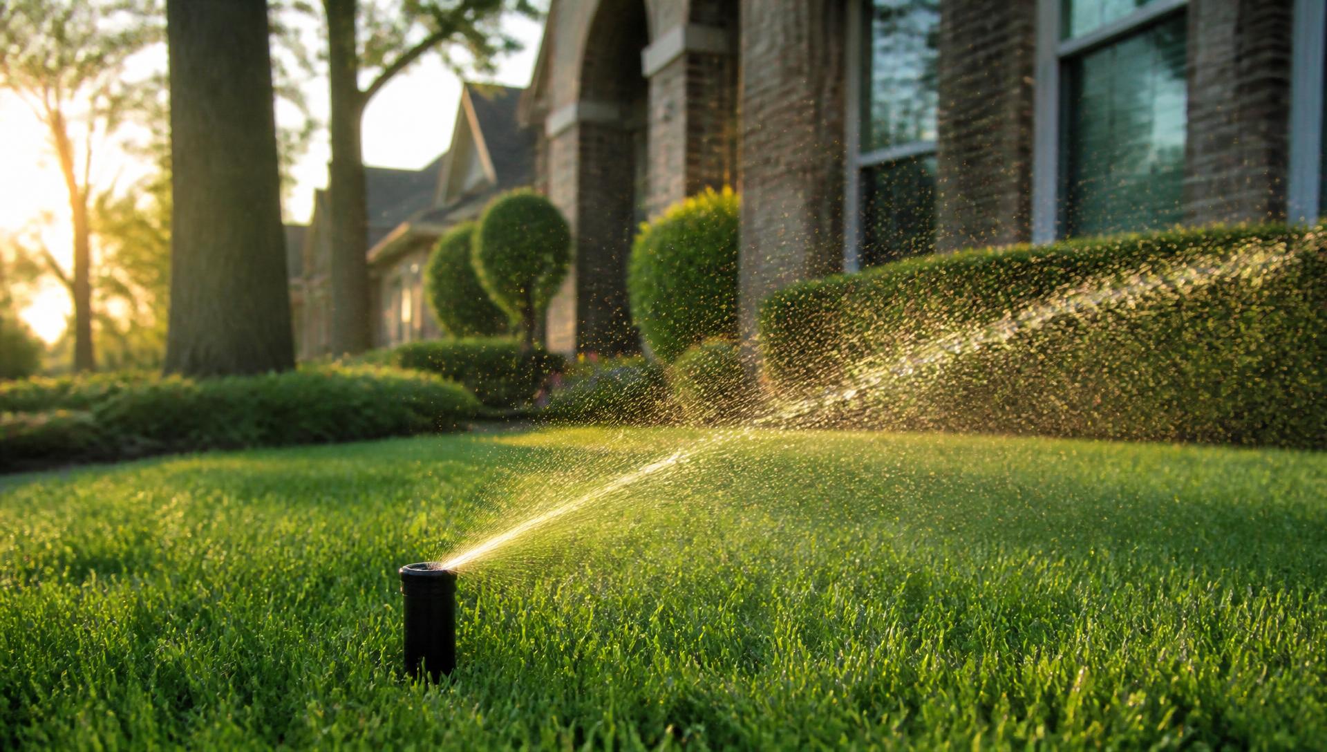 Sprinkler head watering a green DFW lawn at sunset