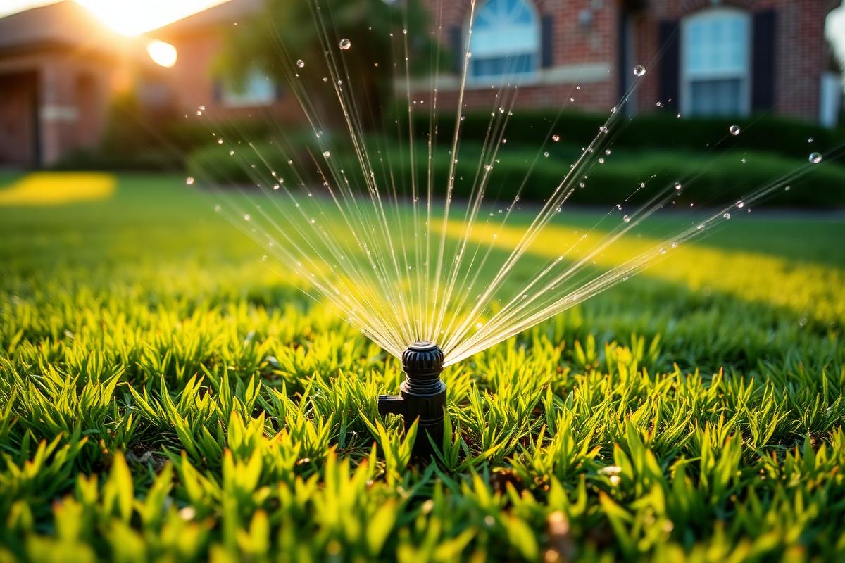 Rotor sprinkler head watering a St. Augustine lawn in Benbrook, TX (Tarrant County)