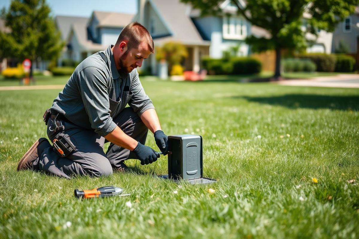 Technician testing an irrigation valve box at a Addison, TX home in Dallas County